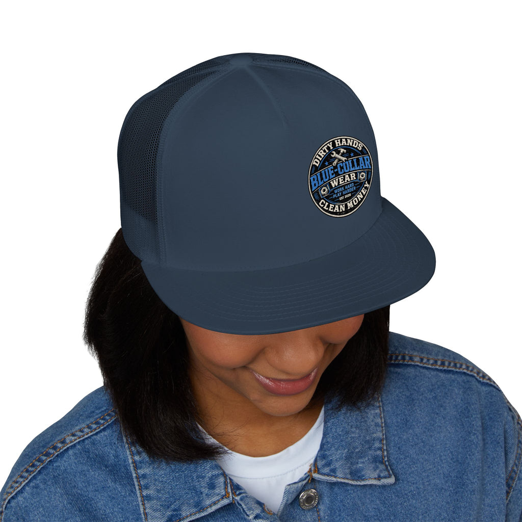 Blue-Collar Workwear Trucker Cap — "Dirty Hands Clean Money" Patch