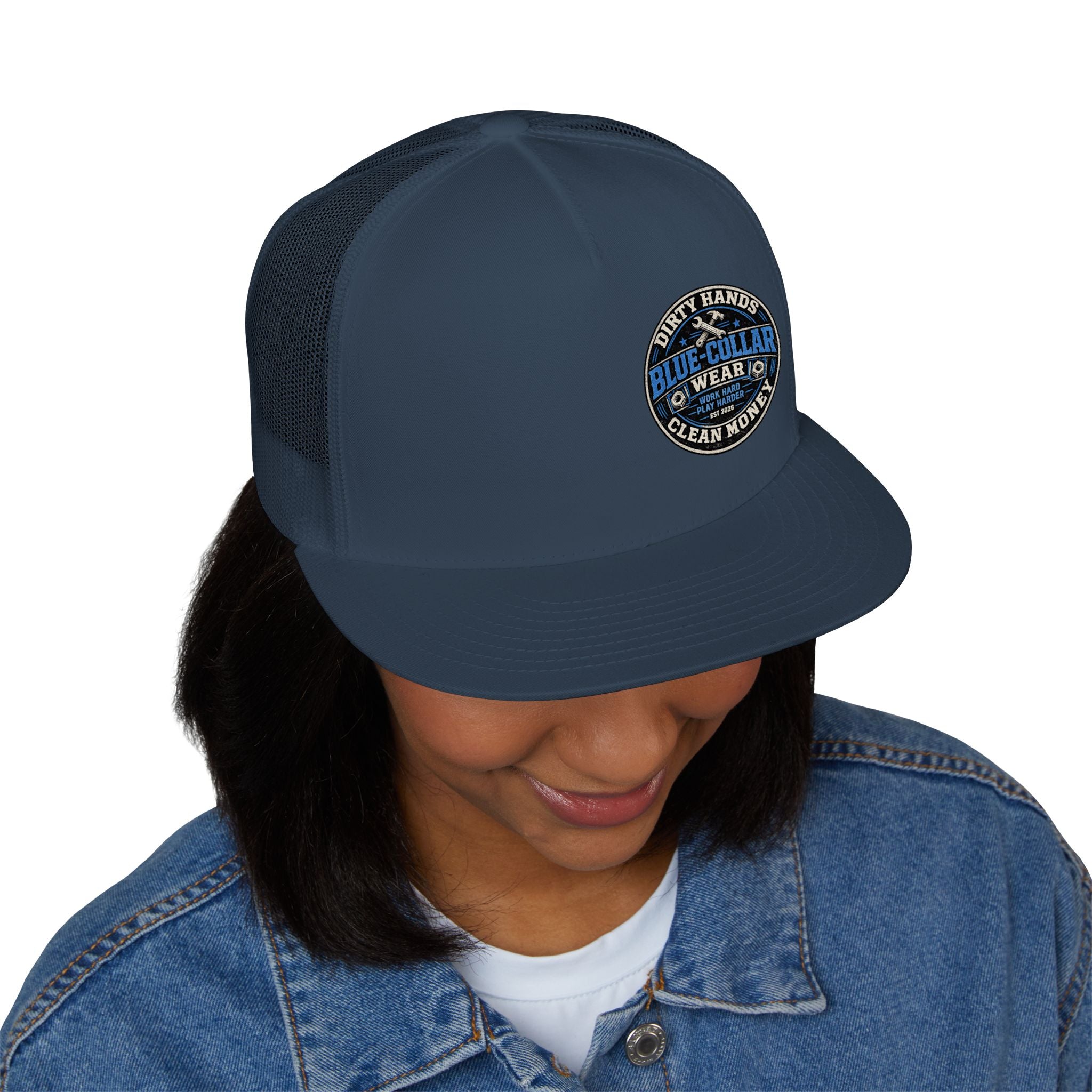 Blue-Collar Workwear Trucker Cap — "Dirty Hands Clean Money" Patch