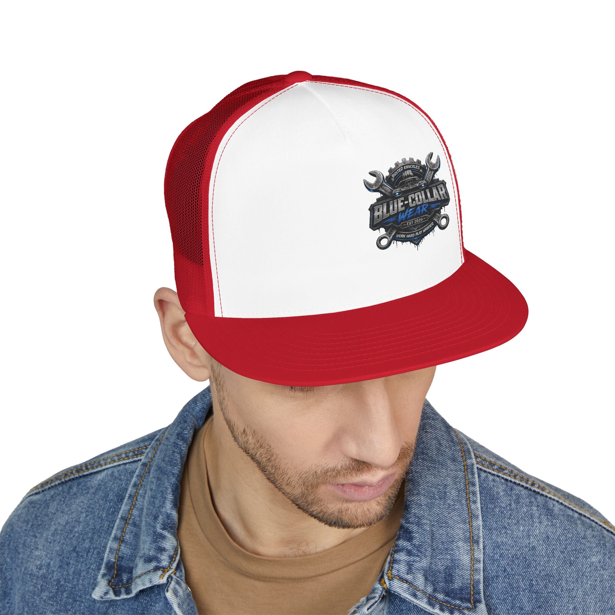 Blue-Collar Wear Trucker Cap — Vintage Mechanic Logo Snapback