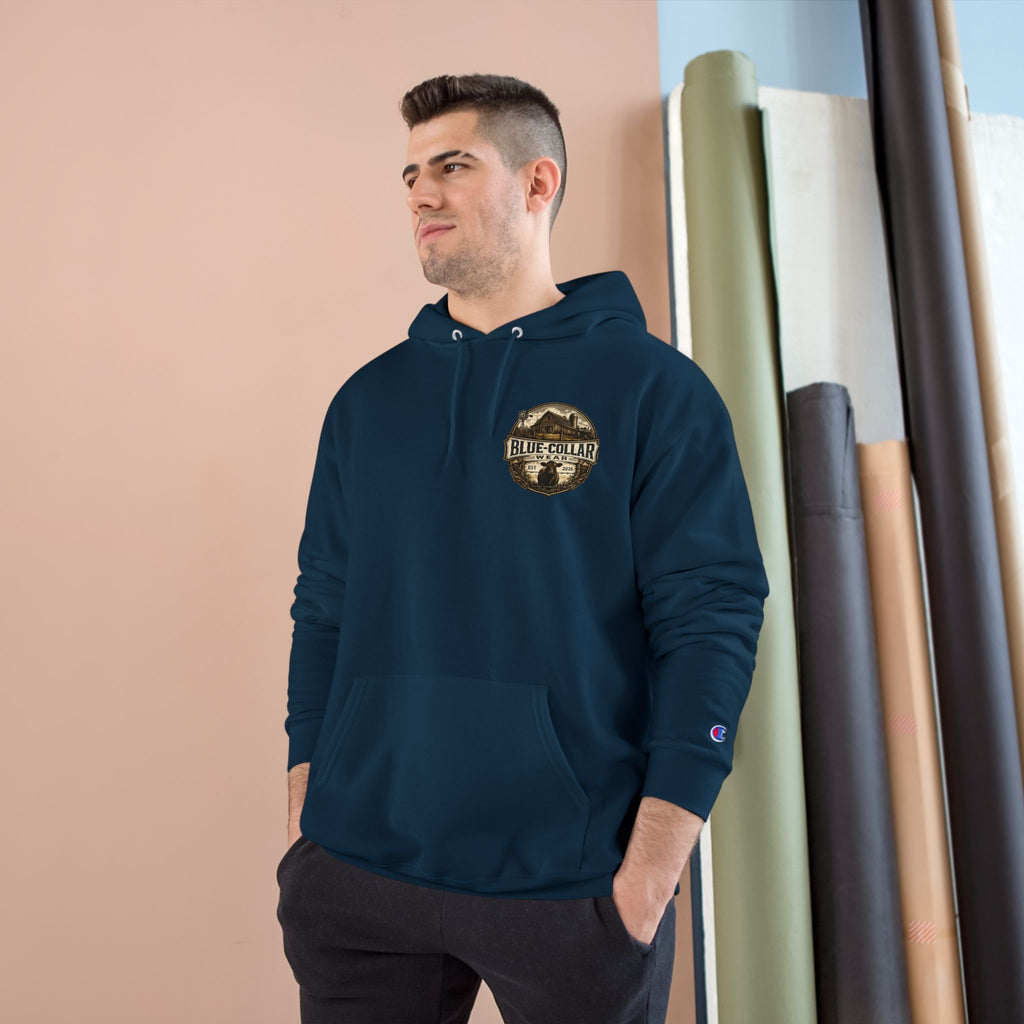Blue-Collar Wear RANCHER Shield Hoodie — Vintage Workwear Logo Pullover