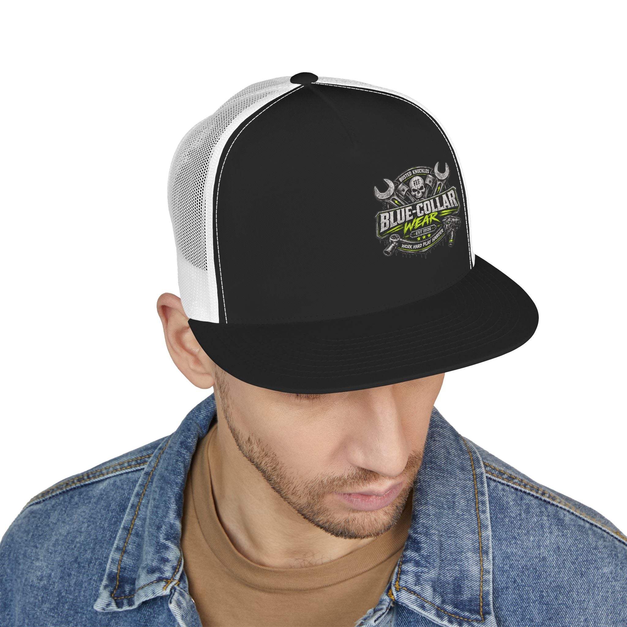 Blue Collar Wear Trucker Cap Mechanic — Workwear Skull Logo Mesh Snapback