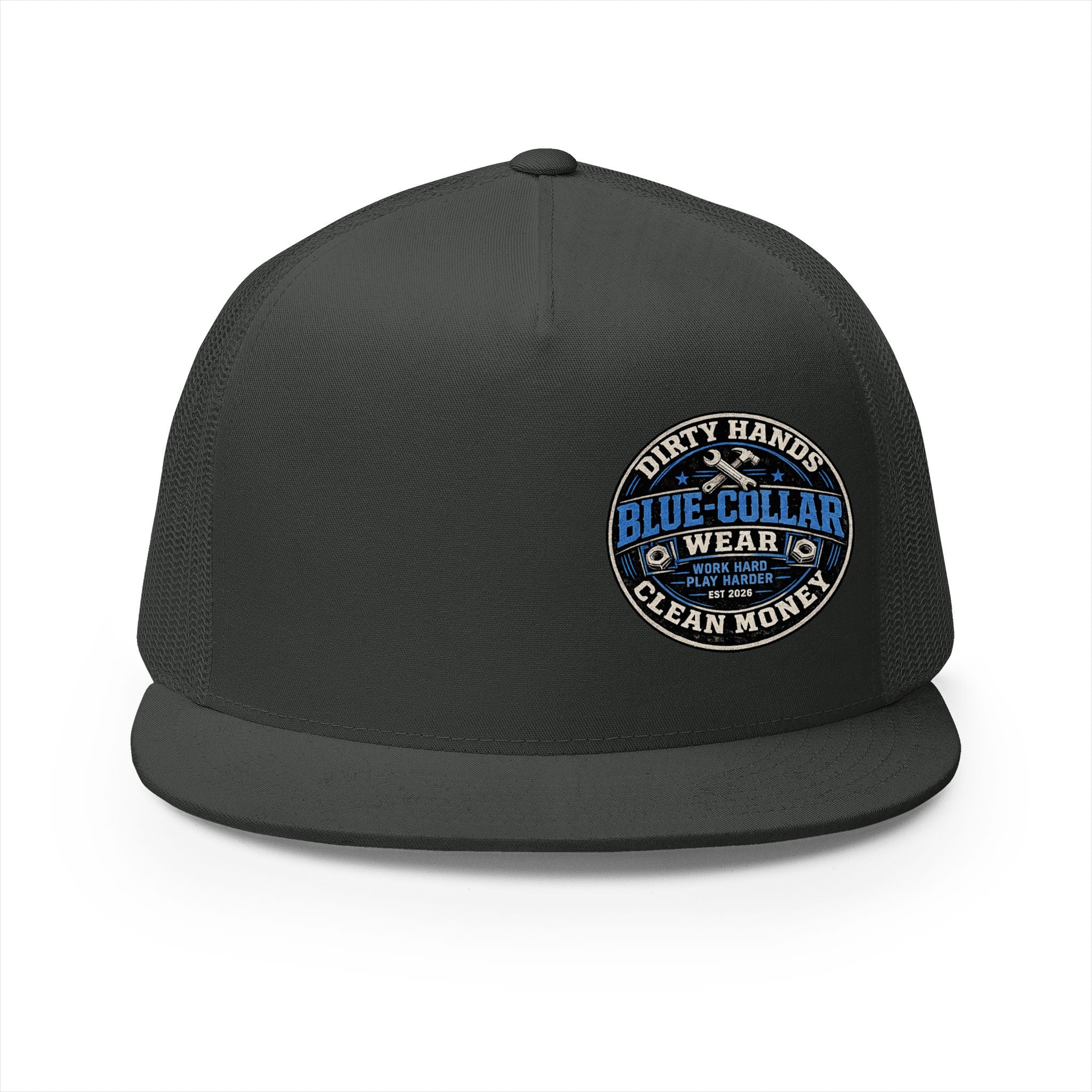Blue-Collar Workwear Trucker Cap — "Dirty Hands Clean Money" Patch